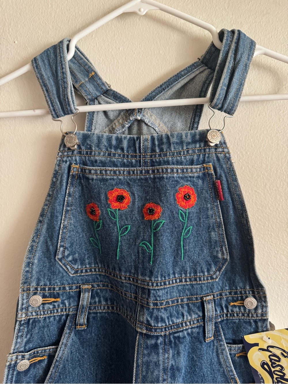 Vintage Kids Blue Denim Overalls with Red Floral Beaded Embroidery NWT - Picture 2 of 6